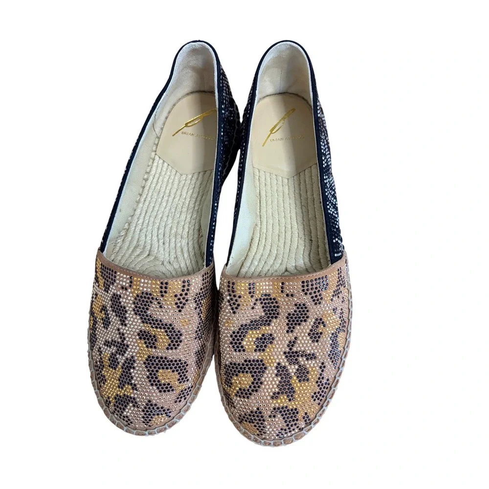 Brian Atwood Leopard Crystal Espadrille Flats Womens 8 Mixed Print Rhinestone